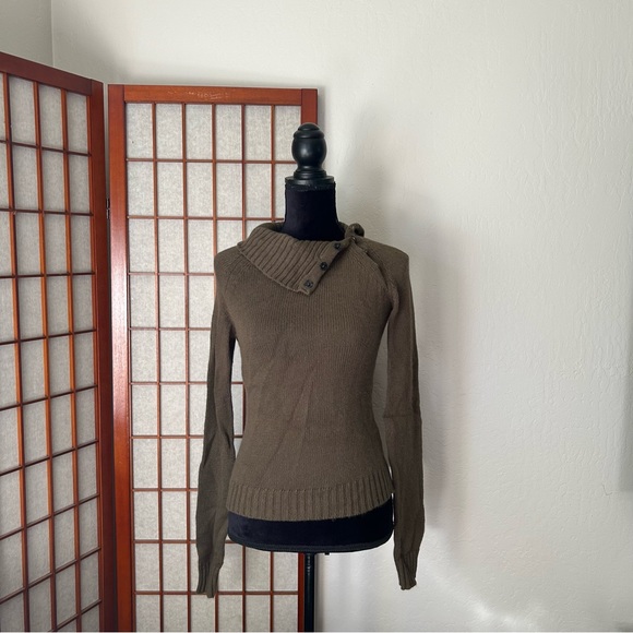 Olive Green Asymmetrical Turtleneck Sweater - Picture 3 of 16
